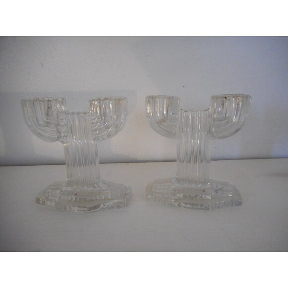 Set of 2 Vintage Anchor Hocking Queen Mary Clear Cactus Art Deco Candleholders - Picture 4 of 6